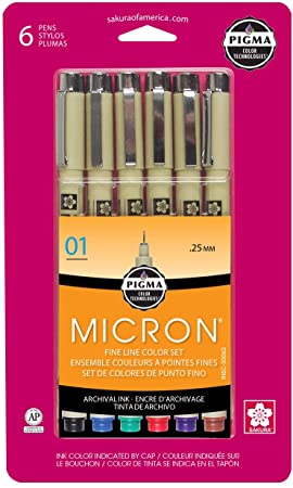 Pigma Micron Fine Line Pens 01, Set of 6, Assorted Colors
