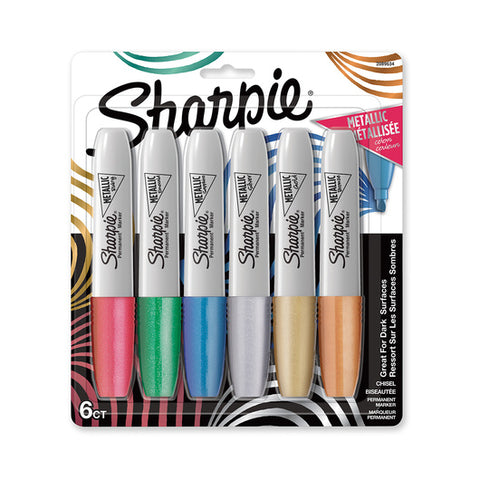 Sharpie Permanent Marker, Chisel Tip, Assorted Metallic, 6/Pack